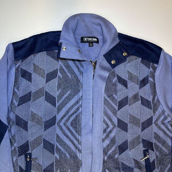 Stacy Adams Mens Cable Knit Blue Front Sweater Geo Pattern Womens Designer - Picture 4 of 4